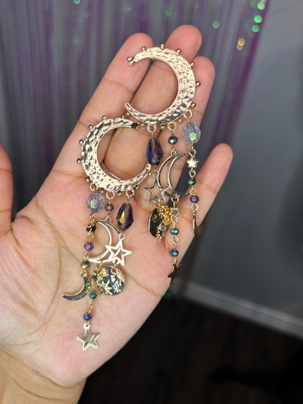 Gold-Tone Celestial Moon & Star Dangle Earrings W/ Iridescent Beads Boho Magical